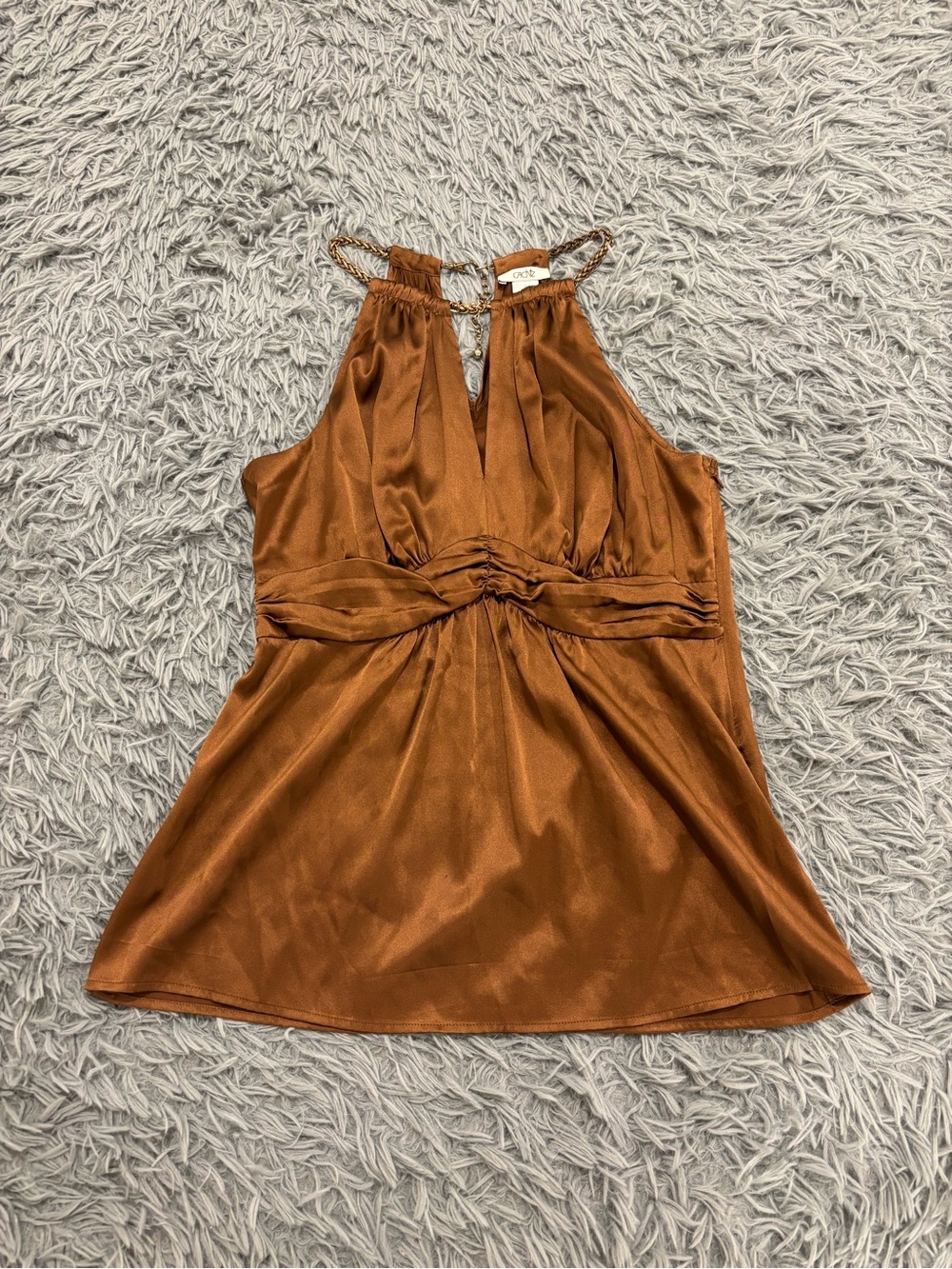 Cache Women’s Bronze Brown Silk Satin Halter Top Y2K Medium Chain Strap Flowy